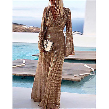 baratos Vestidos Longos-Mulheres Festa / Noite Evasê balanço Vestido - Paetês Decote em V Profundo Longo