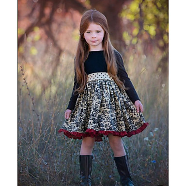 baratos Vestidos para Meninas-Infantil Para Meninas Floral Manga Longa Altura dos Joelhos Vestido Preto