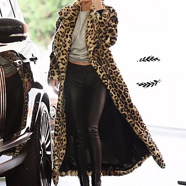 baratos Novidades-Mulheres Diário Outono &amp; inverno Padrão Casaco De Pele De Falso, Leopardo Aberto para a Lateral Manga Longa Pêlo Sintético Khaki