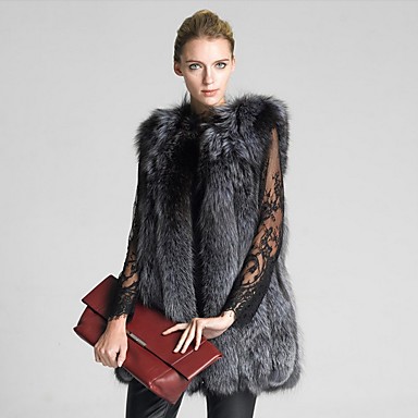 baratos Novidades-Mulheres Diário Outono &amp; inverno Padrão Colete, Sólido Decote V Sem Manga Pêlo Sintético Prata