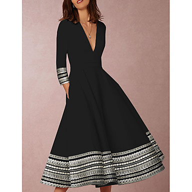 baratos Vestidos Estampados-Mulheres Preto Vestido Elegante Para Noite balanço Geométrica Decote em V Profundo Estampado S M