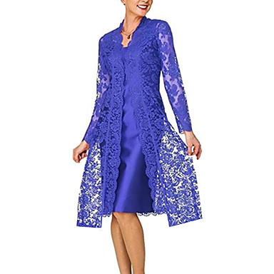 baratos Renda Romântica-Mulheres 2020 Tamanhos Grandes Vermelho Azul Vestido Para mãe Primavera Para Noite Rendas Duas Peças Sólido Decote V Renda Estilo Formal S M