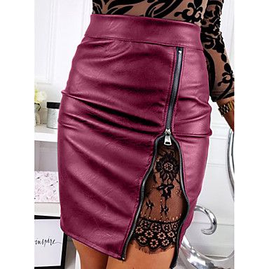 baratos Saias Femininas-Mulheres Sensual Poliuretano Bodycon Saias - Sólido Retalhos Renda / Zíper Preto Vermelho Marron S M L