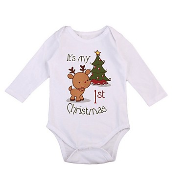 baratos Macacões &amp; Meninos Bodies de Bebê-bebê Para Meninos Moda de Rua Estampado / Natal Manga Longa Algodão Peça Única Branco / Bébé