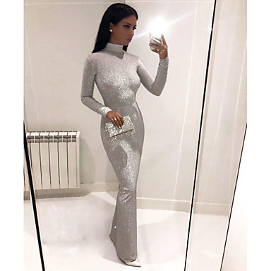 baratos Vestidos Suéter-Mulheres Longo Bainha Vestido - Manga Longa Sólido Gola Alta Elegante Coquetel Baile de Formatura Aniversário Vinho Preto Prata S M L XL