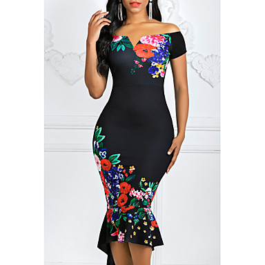 baratos Vestidos Estampados-Mulheres Tubinho Vestido Floral Ombro a Ombro Assimétrico