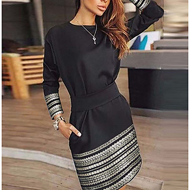 baratos Roupa de inverno-Mulheres Básico Bainha Vestido - Estampado, Geométrica Acima do Joelho