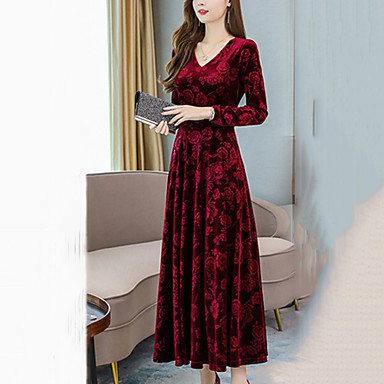 baratos Vestidos Suéter-Mulheres Longo Evasê Vestido - Manga Longa Floral Sólido Estampado Decote V Solto Azul Vermelho Verde M L XL XXL XXXL