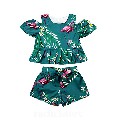 baratos Conjuntos para Bebês-bebê Para Meninas Casual Folha tropical / Flamingos Estampado Pregueado / Estampado Manga Curta Longo Conjunto Verde