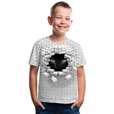 baratos Camisas para Meninos-Infantil Bébé Para Meninos Activo Básico Gato Geométrica Estampado Estampa Colorida Estampado Manga Curta Camiseta Branco / Animal