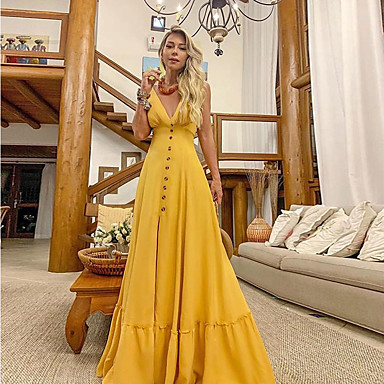 baratos Vestidos Baile Formatura-Mulheres Longo balanço Vestido - Sem Manga Sólido Com Alças Elegante Preto Vermelho Amarelo S M L XL
