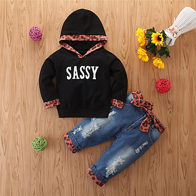 baratos Roupas de Meninas-Bébé Para Meninas Básico Casual Estampado Estampado Manga Longa Padrão Padrão Conjunto Preto