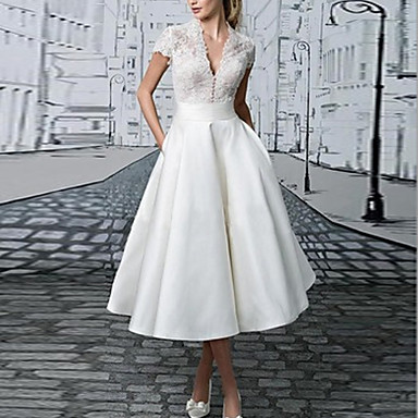 baratos Vestidos de Mulher-Mulheres Longo Evasê Vestido - Manga Curta Sólido Primavera Verão Decote V Básico Roupa Diária Delgado 2020 Branco S M L XL XXL XXXL / Renda