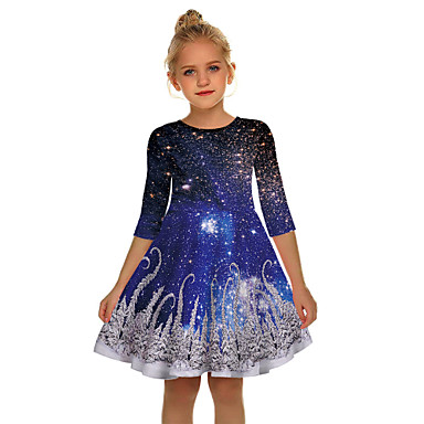 baratos Vestidos para Meninas-Infantil Para Meninas Activo Doce Papai Noel Natal Meia Manga Acima do Joelho Vestido Azul