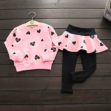 baratos Conjuntos para Meninas-Infantil Para Meninas Activo Estampado Manga Longa Algodão Conjunto Rosa