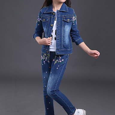 baratos Conjuntos para Meninas-Infantil Para Meninas Moda de Rua Floral Manga Longa Conjunto Azul