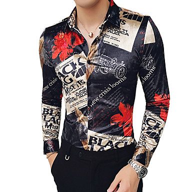 baratos Pré-Liquidação-Homens Tamanhos Grandes Geométrica Estampa Colorida Estampado Delgado Camisa Social Elegante Moda de Rua Para Noite Bandagem Preto / Manga Longa