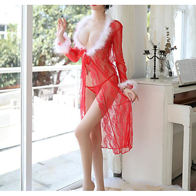 baratos Lingerie Feminina-Mulheres Renda / Com Transparência Super Sexy Roupão Roupa de Noite Natal Sólido / Quadriculada / Retalhos Vermelho S M L