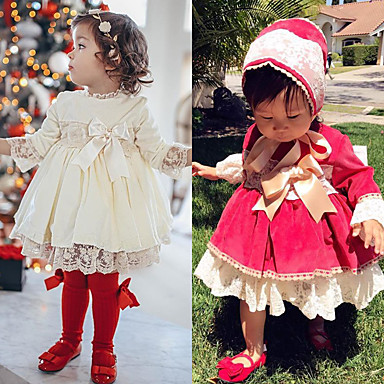 baratos Roupas de Bebê-bebê Para Meninas Boho Branco Vermelho Sólido Natal Renda Laço Manga Longa Vestido Branco / Bébé