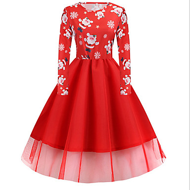 baratos Compras de Natal-Mulheres Tamanhos Grandes Festa Básico Evasê Vestido - Estampado, Geométrica Altura dos Joelhos