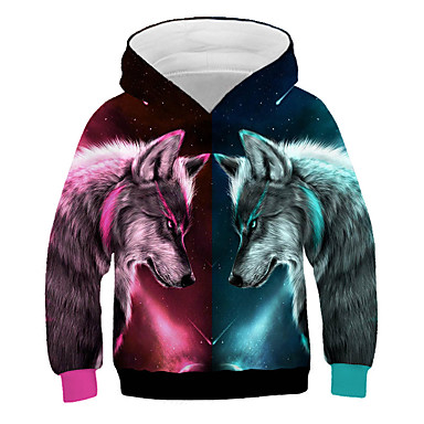 baratos Roupas de Meninos-Infantil Para Meninos Activo Moda de Rua Lobo Estampado 3D Animal Estampado Manga Longa Moleton &amp; Blusa de Frio Arco-íris