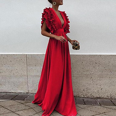 baratos Vestidos de Mulher-Mulheres Longo balanço Vestido - Sem Manga Sólido Decote em V Profundo Elegante Preto Vermelho Verde Cinzento Azul Claro S M L XL XXL XXXL