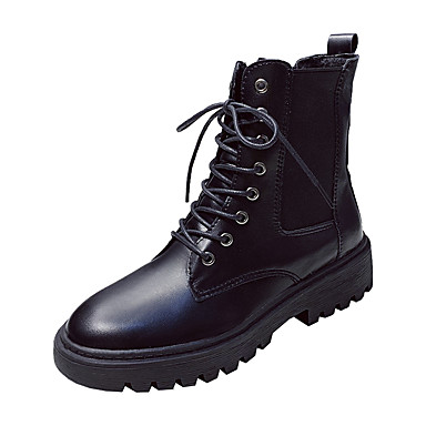 baratos Botas Femininas-Mulheres Botas Salto Baixo Ponta Redonda Couro Ecológico Botas Curtas / Ankle Primavera &amp; Outono / Outono &amp; inverno Preto
