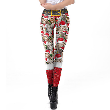 baratos Leggings-Mulheres Natal / Casual Básico Legging - Estampado, Estampado Cintura Média Vermelho S M L / Delgado