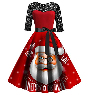 baratos Compras de Natal-Mulheres Festa Elegante Evasê Vestido - Renda Estampado, Geométrica Médio