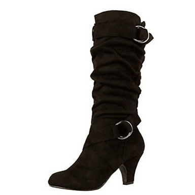 baratos Botas Femininas-Mulheres Botas Salto Robusto Ponta Redonda Camurça Botas Cano Médio Outono &amp; inverno Preto / Vermelho / Cinzento Claro