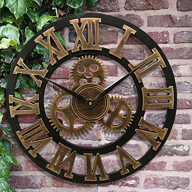 baratos clocks-Madeira 3d engrenagem oca relógio de parede para casa e escritório arte decoração, 14 polegada grande prata antiga numerais romanos bateria relógio de engrenagem para sala de jantar