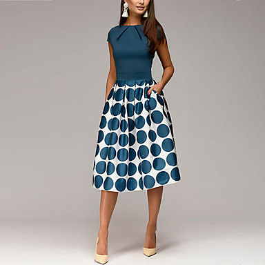 baratos Moda feminina-Mulheres 2020 Vermelho Azul Vestido Anos 50 Elegante Primavera Verão Para Noite Evasê Bainha balanço Poá Geométrica Estampado Franzido Patchwork Estampado S M