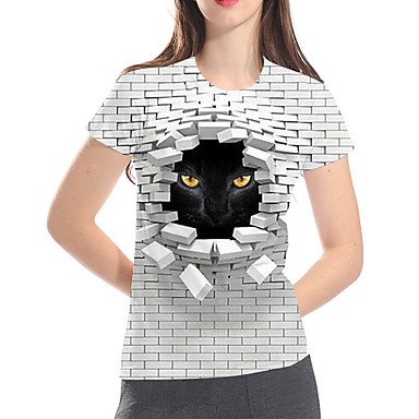 baratos Camisetas &amp; Regatas-Mulheres Camiseta Básico / Exagerado Estampado, 3D / Gráfico / Animal Gato Cinzento