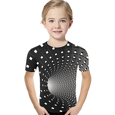 baratos Blusas para Meninas-Infantil Bébé Para Meninas Activo Básico Geométrica Estampado Estampa Colorida Estampado Manga Curta Camiseta Preto