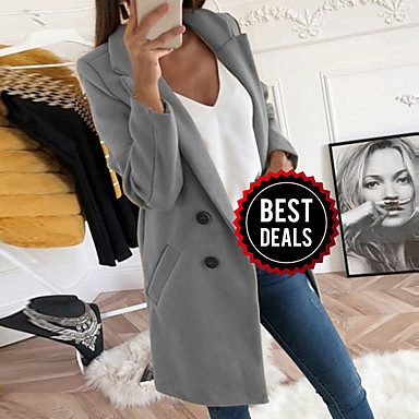 baratos Casacos de Mulher-Mulheres Diário Outono &amp; inverno Padrão Casaco, Sólido Lapela Chanfrada Manga Longa Poliéster Preto / Amarelo / Azul