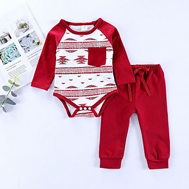 baratos Conjuntos para Para Meninos Bebês-bebê Para Meninos Moda de Rua Estampado / Natal Manga Longa Padrão Algodão Conjunto Azul / Bébé