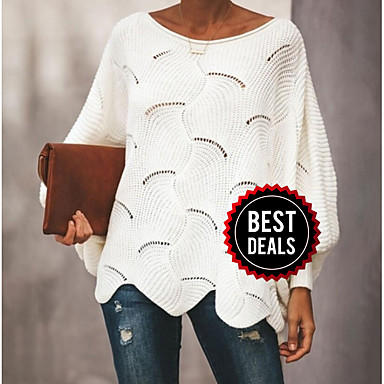 baratos Roupa de inverno-Mulheres Sólido Manga Longa Manga Alargamento Pulôver Camisola Jumper, Decote em U Primavera / Outono Preto / Branco / Rosa S / M / L