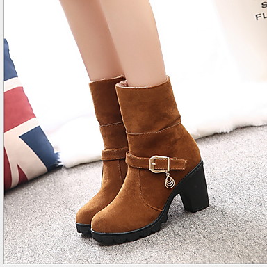 baratos Botas Femininas-Mulheres Botas Salto Robusto Ponta Redonda Camurça Botas Cano Médio Outono &amp; inverno Preto / Amarelo / Vermelho