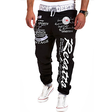 baratos Calças Esportivas-Homens Esportivo Básico Chinos Calças Esportivas Calças - Estampa Geométrica Com letras estampadas Patchwork Com Cordão Branco Preto Azul US34 / UK34 / EU42 / US36 / UK36 / EU44 / US38 / UK38 / EU46