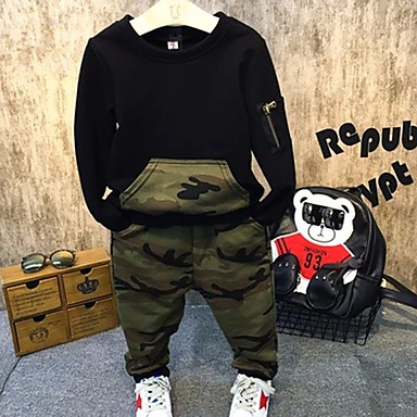 baratos Roupas de Meninos-Infantil Bébé Para Meninos Activo Básico Escola Festival Retalhos Manga Longa Padrão Padrão Conjunto Verde Tropa