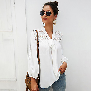 baratos Blusas-Mulheres Blusa Negócio / Básico Renda / Cordões, Sólido Preto