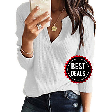 baratos Blusas-Mulheres Casual / Básico Tricôt Sólido Manga Longa Pulôver Camisola Jumper, Decote V Primavera / Outono Preto / Branco / Rosa S / M / L