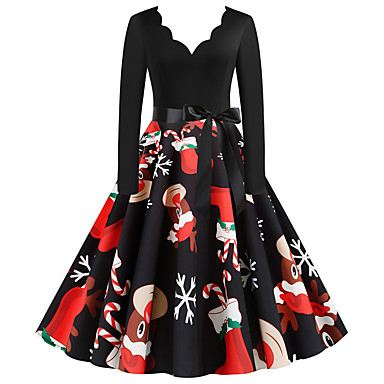 baratos Compras de Natal-Mulheres Festa Básico Evasê Vestido Estampa Colorida Decote V Acima do Joelho