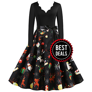 baratos Compras de Natal-Mulheres Festa Básico Evasê Vestido Estampa Colorida Decote V Acima do Joelho