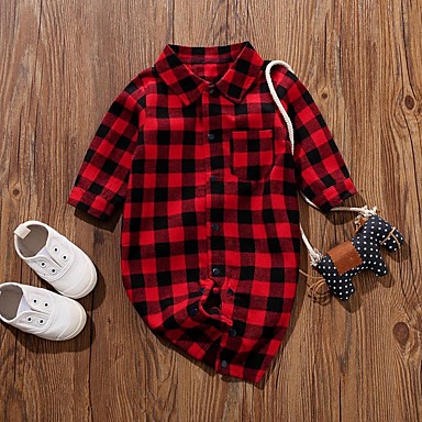 baratos Macacões &amp; Meninos Bodies de Bebê-bebê Para Meninos Básico Xadrez Manga Longa Algodão Peça Única Vermelho