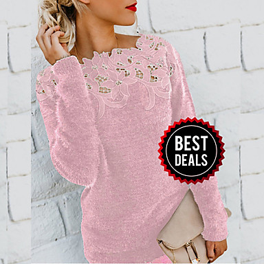 baratos Blusas Femininas-Mulheres Sólido Manga Longa Pulôver Camisola Jumper, Decote Redondo Preto / Vinho / Roxo S / M / L