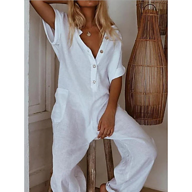 baratos Tops Femininos-Mulheres Preto Vinho Branco Perna larga Macacão Pijama Macacão, Sólido S M L