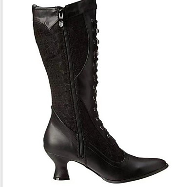 baratos Botas Femininas-Mulheres Botas Salto Baixo Ponta Redonda Couro Ecológico Botas Cano Médio Inverno Preto / Branco