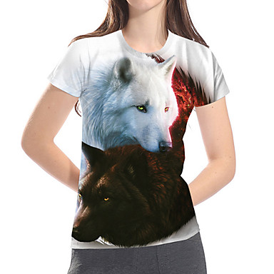 baratos Camisetas &amp; Regatas-Mulheres Camiseta Básico / Exagerado Estampado, Estampa Colorida / 3D / Animal Lobo / Feras Fantásticas Branco
