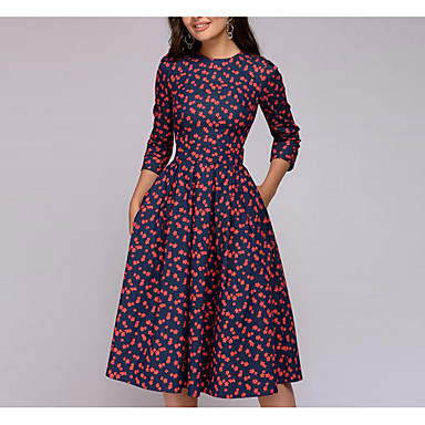 baratos Vestidos Estampados-Mulheres Vermelho Vestido Primavera Para Noite Evasê Floral Estampado S M